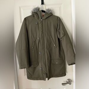 Gap Kids Heavyweight Parka Jacket Olive army green w/faux fur hood, pockets 12